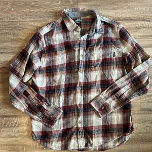 Eddie Bauer Men’s Plaid Button Down Shirt Red Tan Blue Long Sleeve Size L